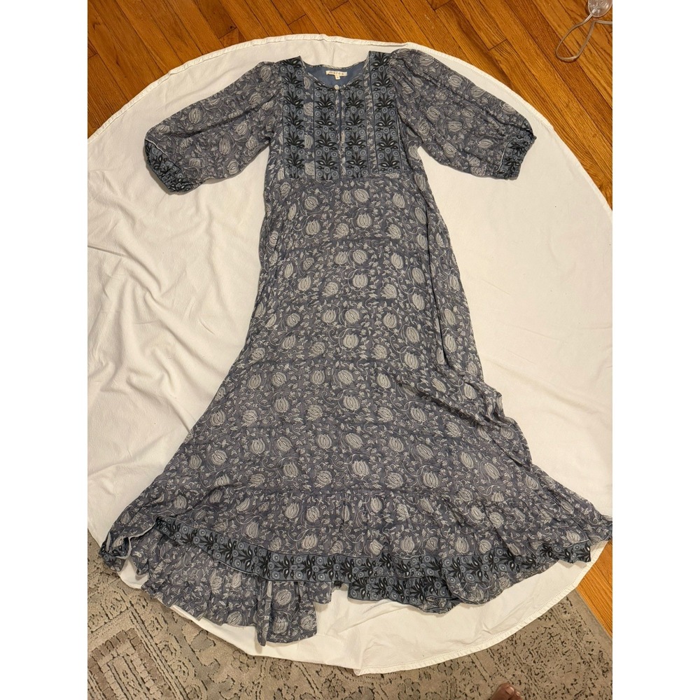 Marea by Liz Joy Womens Small Maxi Dress Dusty Blue Indian Block Print GUC - Picture 2 of 15